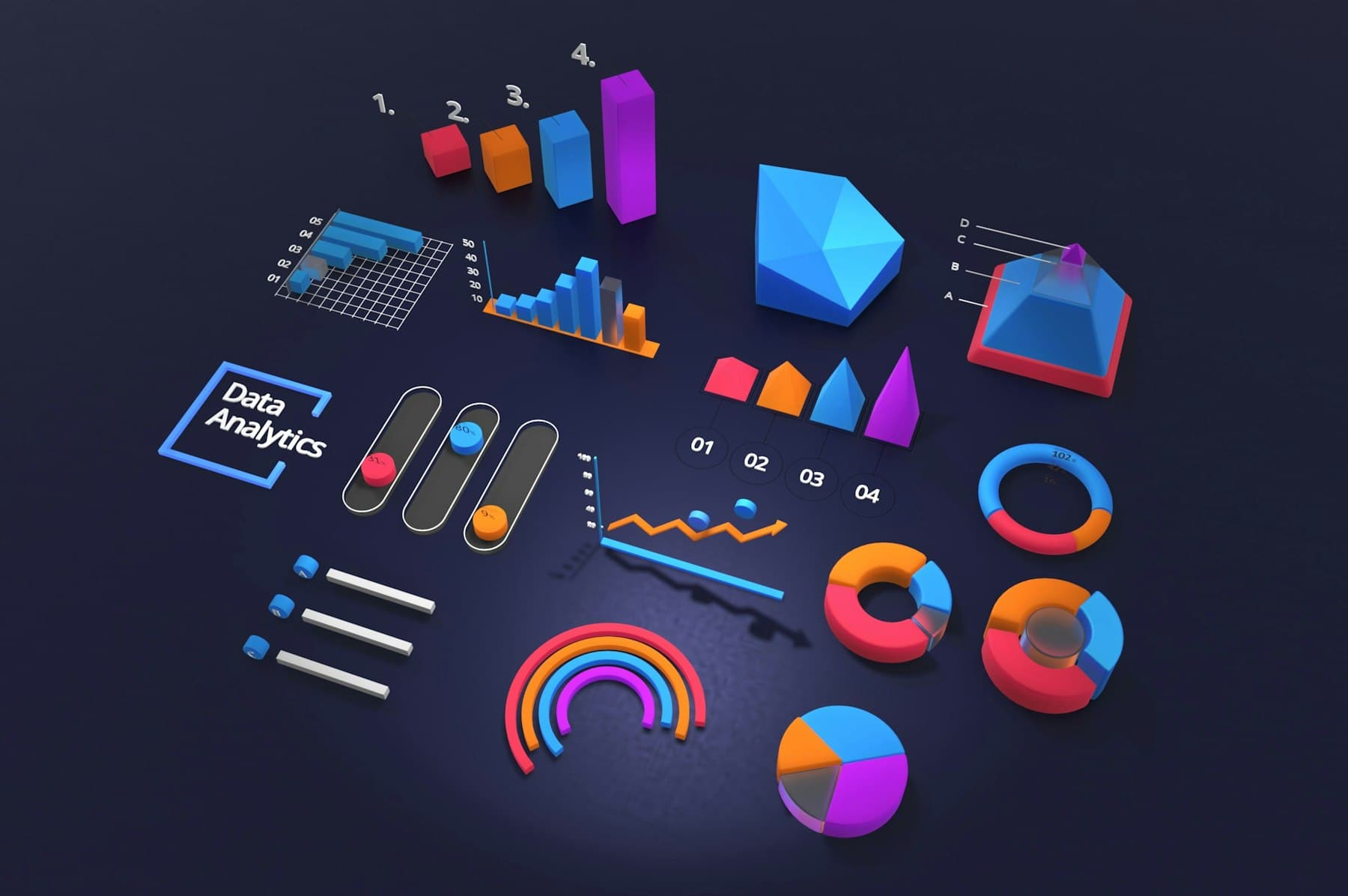 Colorful 3D charts and interface pieces on a dark background